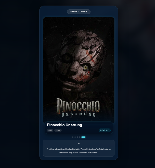 Poster Player Coming Soon card showing Pinocchio Unstrung