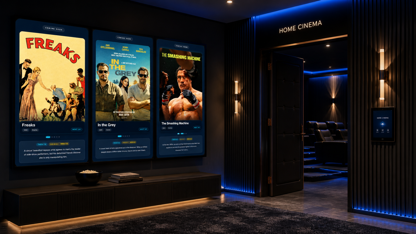 Home cinema entrance with multiple Poster Player Coming Soon displays