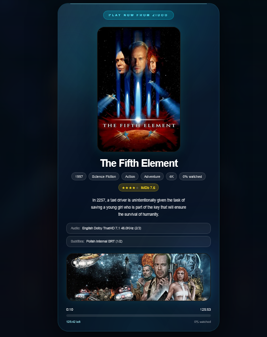 Poster Player Play Now screen showing The Fifth Element playback